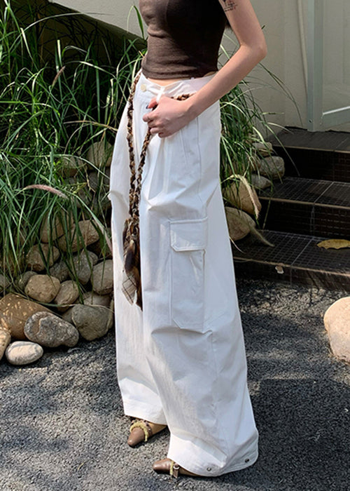 Casual White Pockets High Waist Cotton Wide Leg Pants Fall