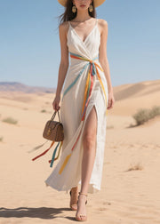 Casual White Side Open Multicolour Ribbon Cotton Sun Dress Summer