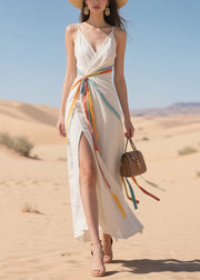 Casual White Side Open Multicolour Ribbon Cotton Sun Dress Summer