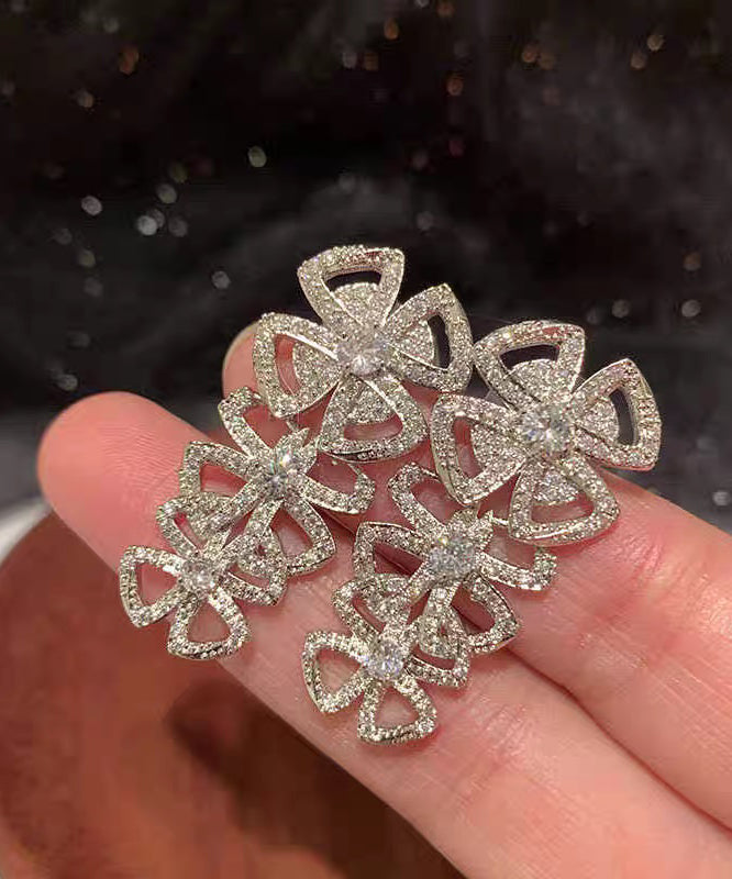 Casual White Stainless Steel Zircon Hollow Out Bow Stud Earrings