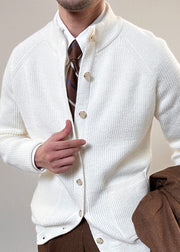 Casual White Stand Collar Button Solid Cotton Knit Men Coat Fall