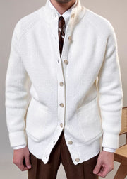 Casual White Stand Collar Button Solid Cotton Knit Men Coat Fall