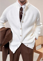Casual White Stand Collar Button Solid Cotton Knit Men Coat Fall