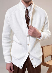 Casual White Stand Collar Button Solid Cotton Knit Men Coat Fall