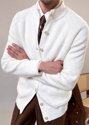Casual White Stand Collar Button Solid Cotton Knit Men Coat Fall