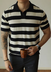 Casual White Striped Cozy Knitting Cotton Men Polo Shirt Summer
