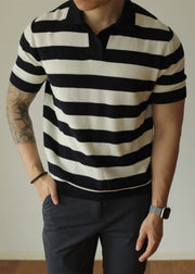 Casual White Striped Cozy Knitting Cotton Men Polo Shirt Summer