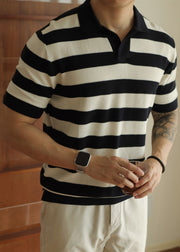 Casual White Striped Cozy Knitting Cotton Men Polo Shirt Summer