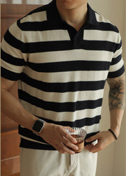 Casual White Striped Cozy Knitting Cotton Men Polo Shirt Summer