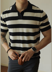 Casual White Striped Cozy Knitting Cotton Men Polo Shirt Summer