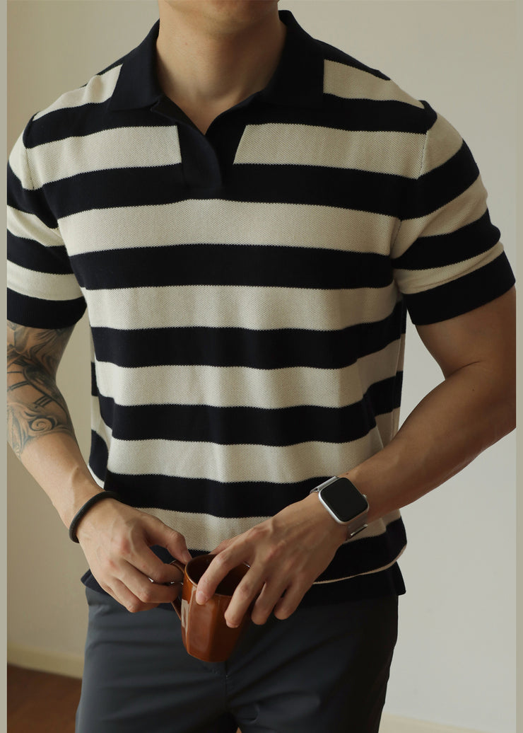 Casual White Striped Cozy Knitting Cotton Men Polo Shirt Summer