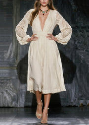 Casual White V Neck Hollow Out Linen Maxi Dress Spring