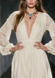 Casual White V Neck Hollow Out Linen Maxi Dress Spring