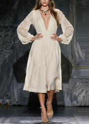 Casual White V Neck Hollow Out Linen Maxi Dress Spring