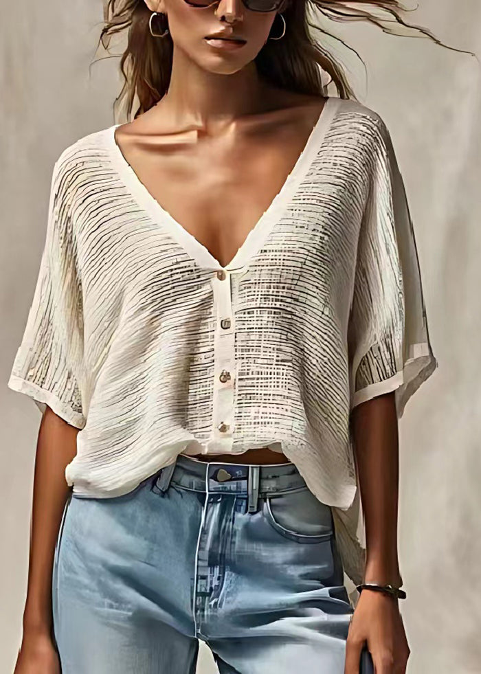 Casual White V Neck Oversized Cotton Blend Tanks Summer