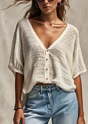Casual White V Neck Oversized Cotton Blend Tanks Summer