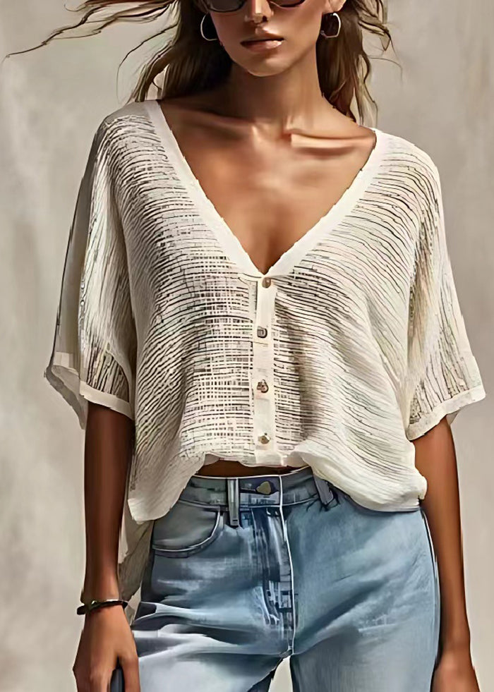 Casual White V Neck Oversized Cotton Blend Tanks Summer