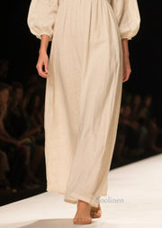 Casual White V Neck Patchwork Linen Maxi Dresses Bracelet Sleeve