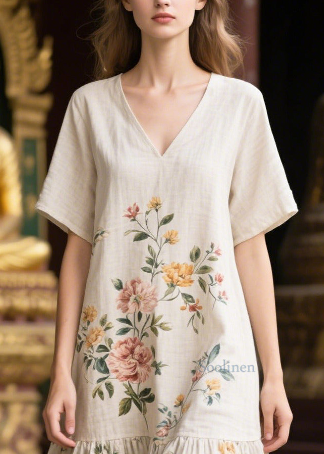 Casual White V Neck Print Linen Dresses Summer