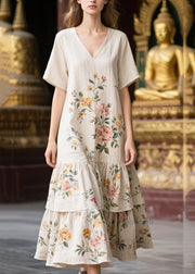 Casual White V Neck Print Linen Dresses Summer