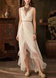 Casual White V Neck Side Open Tulle Beach Dresses Summer