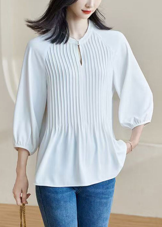 Casual White Wrinkled Patchwork Top Lantern Sleeve