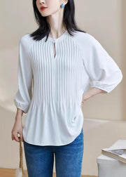 Casual White Wrinkled Patchwork Top Lantern Sleeve