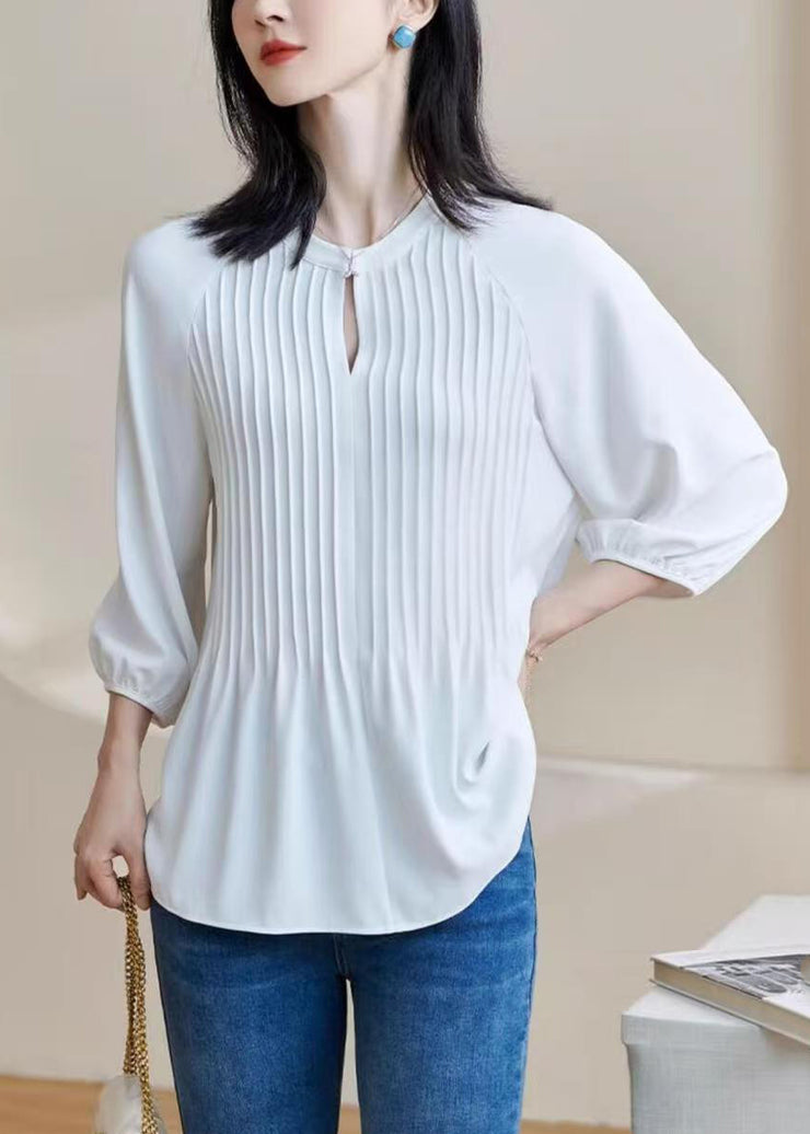 Casual White Wrinkled Patchwork Top Lantern Sleeve