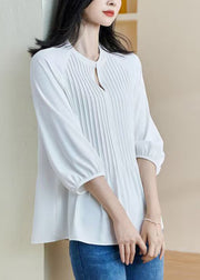 Casual White Wrinkled Patchwork Top Lantern Sleeve