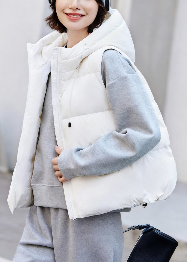 Casual White Zip Up Pockets Drawstring Duck Down Waistcoat Winter