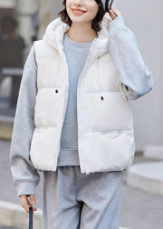Casual White Zip Up Pockets Drawstring Duck Down Waistcoat Winter