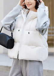 Casual White Zip Up Pockets Drawstring Duck Down Waistcoat Winter