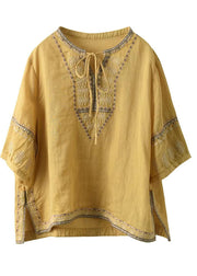 Casual Yellow Embroidered Tie Neck Linen Blouses Half Sleeve