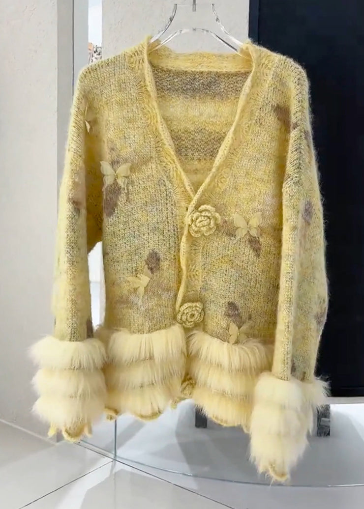 Casual Yellow Floral Fur Cotton Knit Cardigans Fall