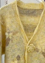 Casual Yellow Floral Fur Cotton Knit Cardigans Fall