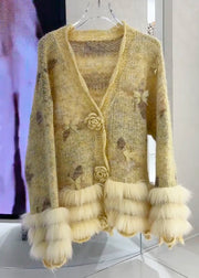 Casual Yellow Floral Fur Cotton Knit Cardigans Fall