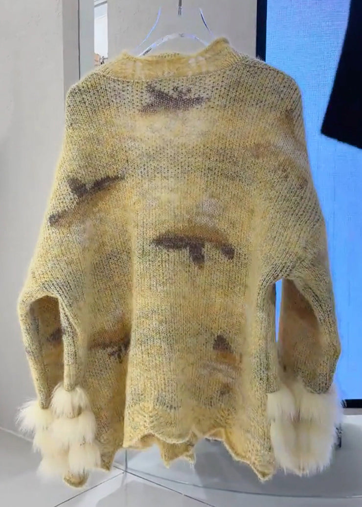 Casual Yellow Floral Fur Cotton Knit Cardigans Fall