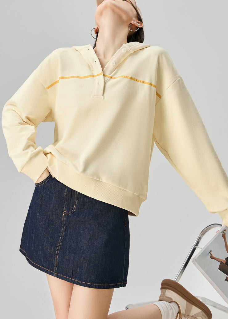 Casual Yellow Hooded Button Cotton Sweatshirt Fall
