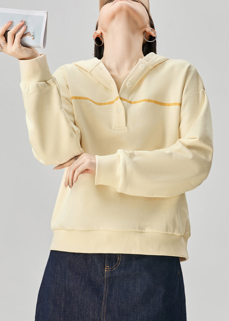 Casual Yellow Hooded Button Cotton Sweatshirt Fall