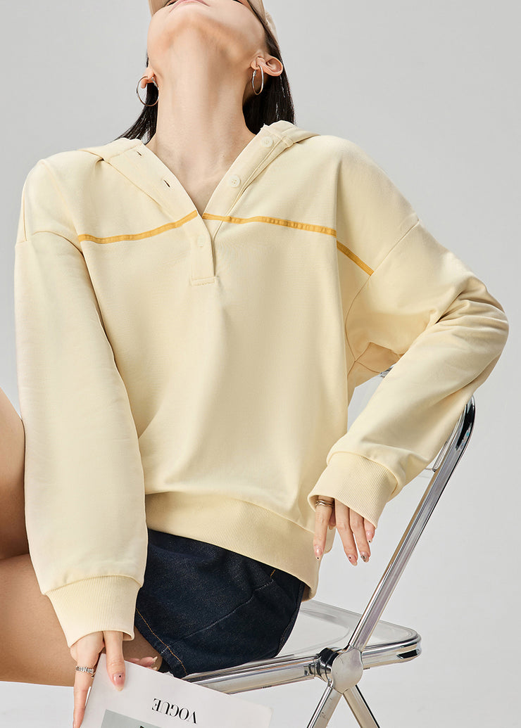 Casual Yellow Hooded Button Cotton Sweatshirt Fall
