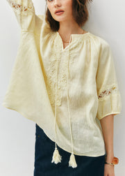 Casual Yellow O Neck Patchwork Cotton Shirt Top Summer
