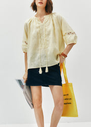 Casual Yellow O Neck Patchwork Cotton Shirt Top Summer
