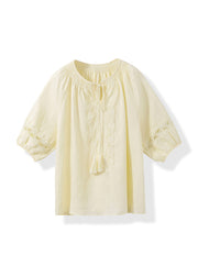 Casual Yellow O Neck Patchwork Cotton Shirt Top Summer