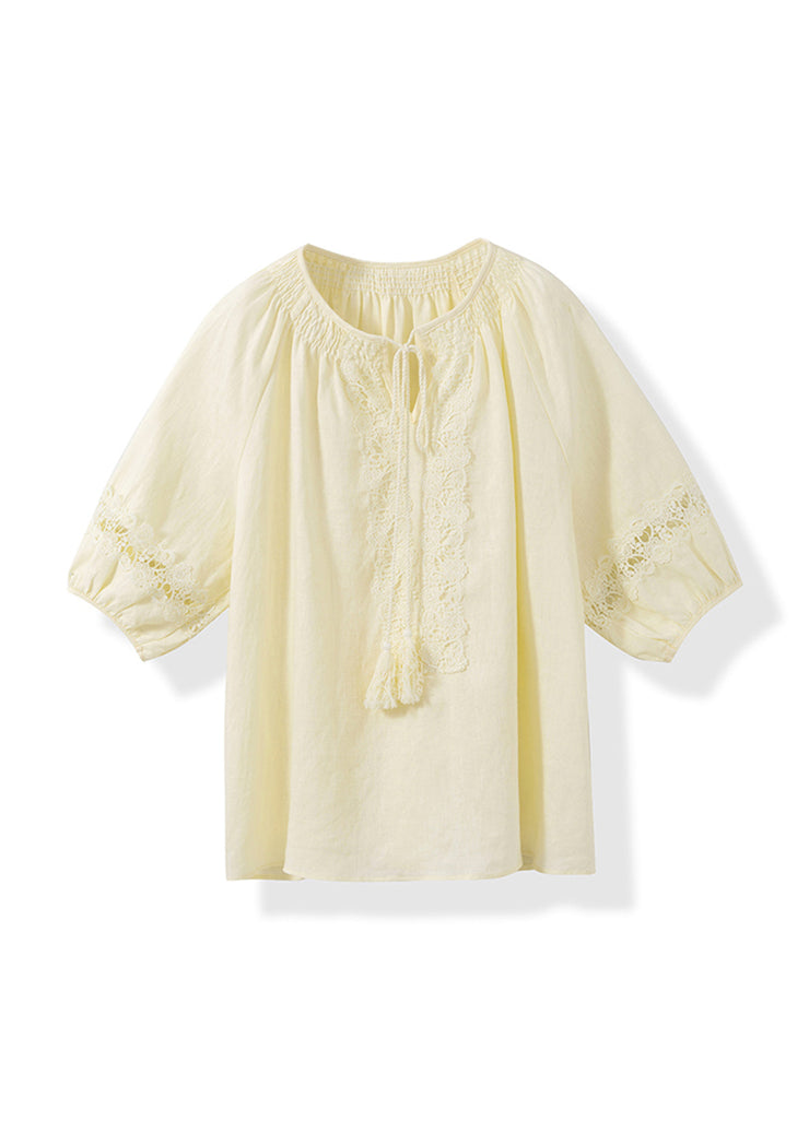 Casual Yellow O Neck Patchwork Cotton Shirt Top Summer