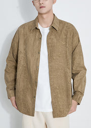 Casual Yellow Peter Pan Collar Button Cotton Men Shirts Fall