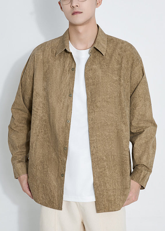 Casual Yellow Peter Pan Collar Button Cotton Men Shirts Fall