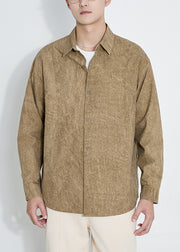 Casual Yellow Peter Pan Collar Button Cotton Men Shirts Fall