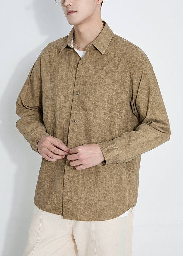 Casual Yellow Peter Pan Collar Button Cotton Men Shirts Fall