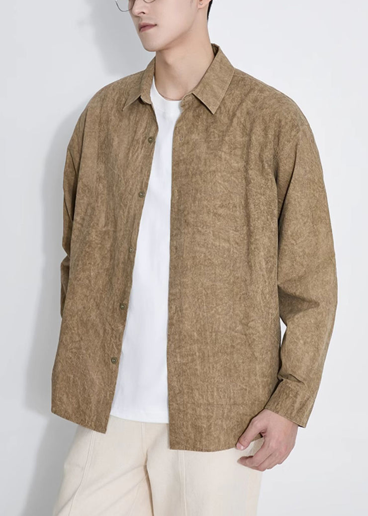 Casual Yellow Peter Pan Collar Button Cotton Men Shirts Fall