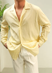 Casual Yellow Peter Pan Collar Button Solid Cotton Shirt Men Fall